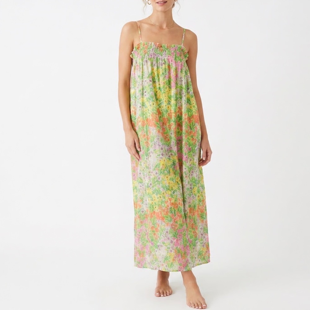Motherhood Maternity Floral Cotton Maxi Dress Smocked Tassel Belt M